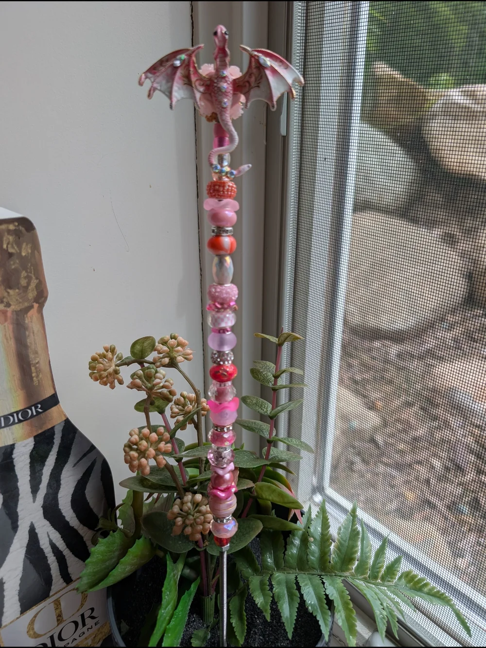 Handcrafted Fairy Wand/Plant/Garden Stake W/Pink Dragon Topper